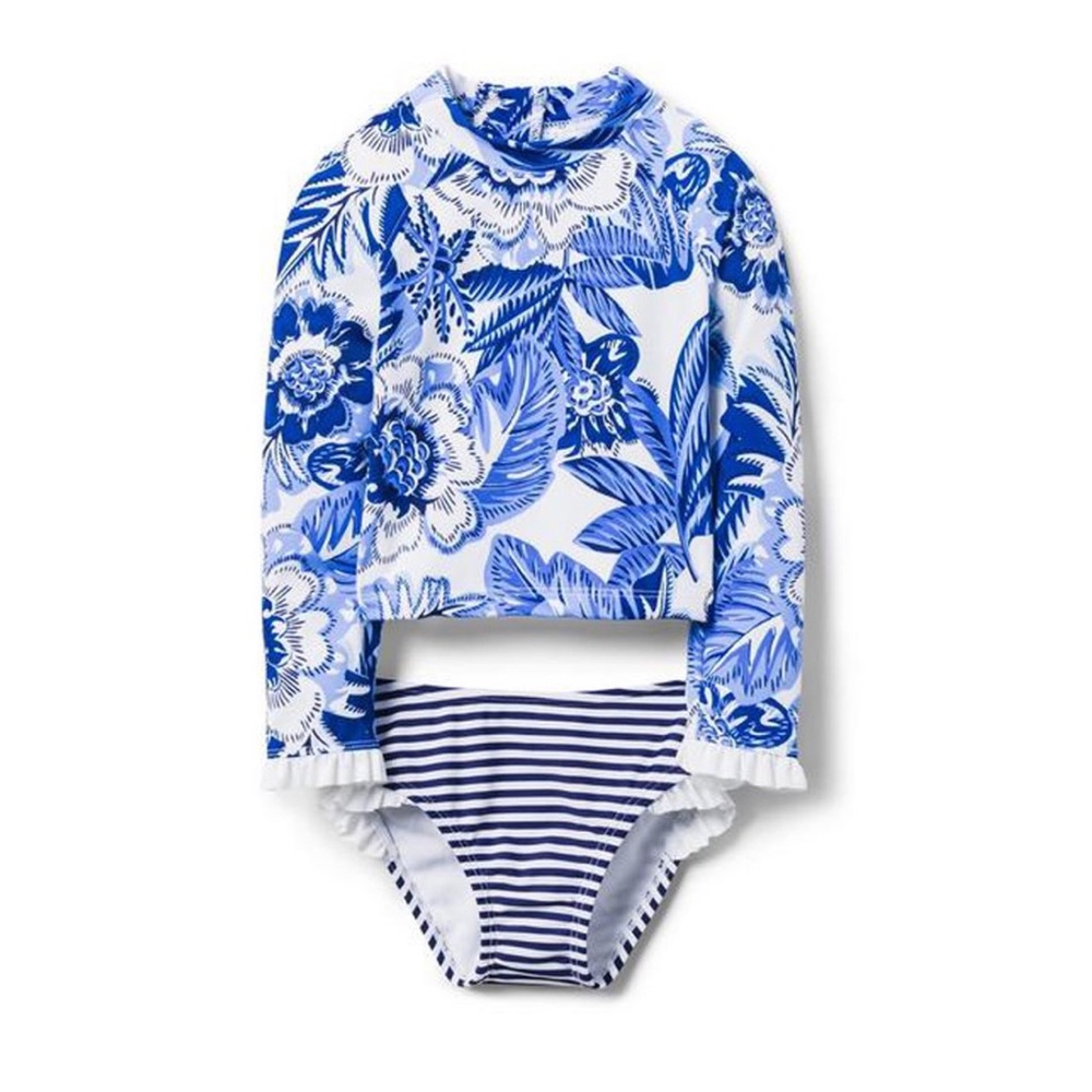 NWT Janie and Jack Girls Floral Striped Rash Guard Set, Wave Blue Floral 6-12m